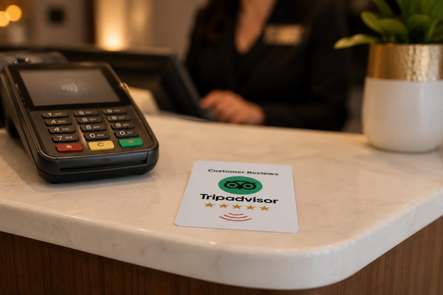 Tripadvisor review card on a reception desk beside a card machine