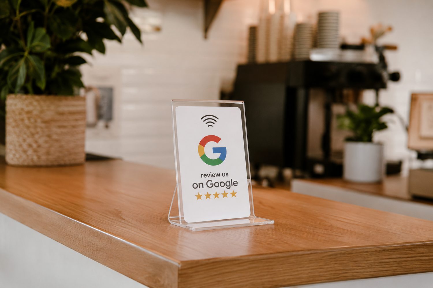 Clear acrylic display stand holding a review card
