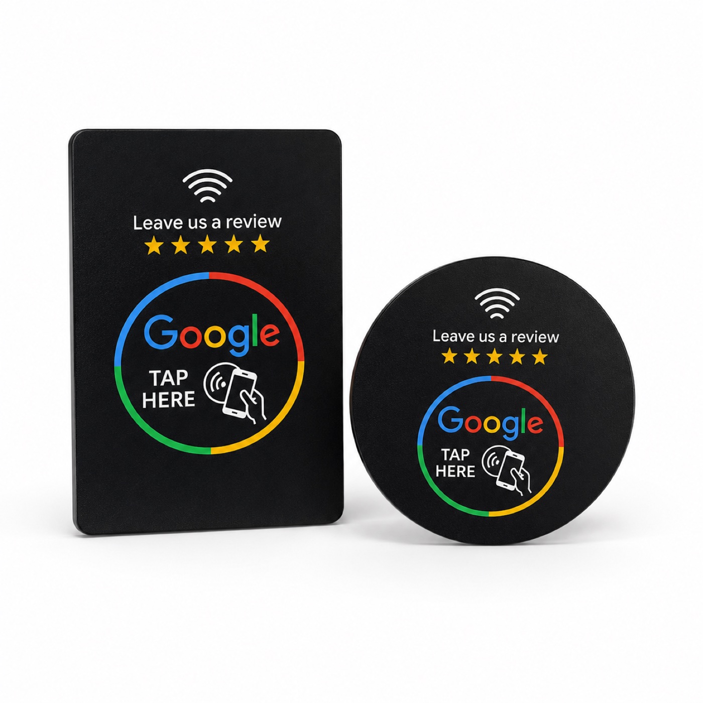 An NFC review card and a round window tag together