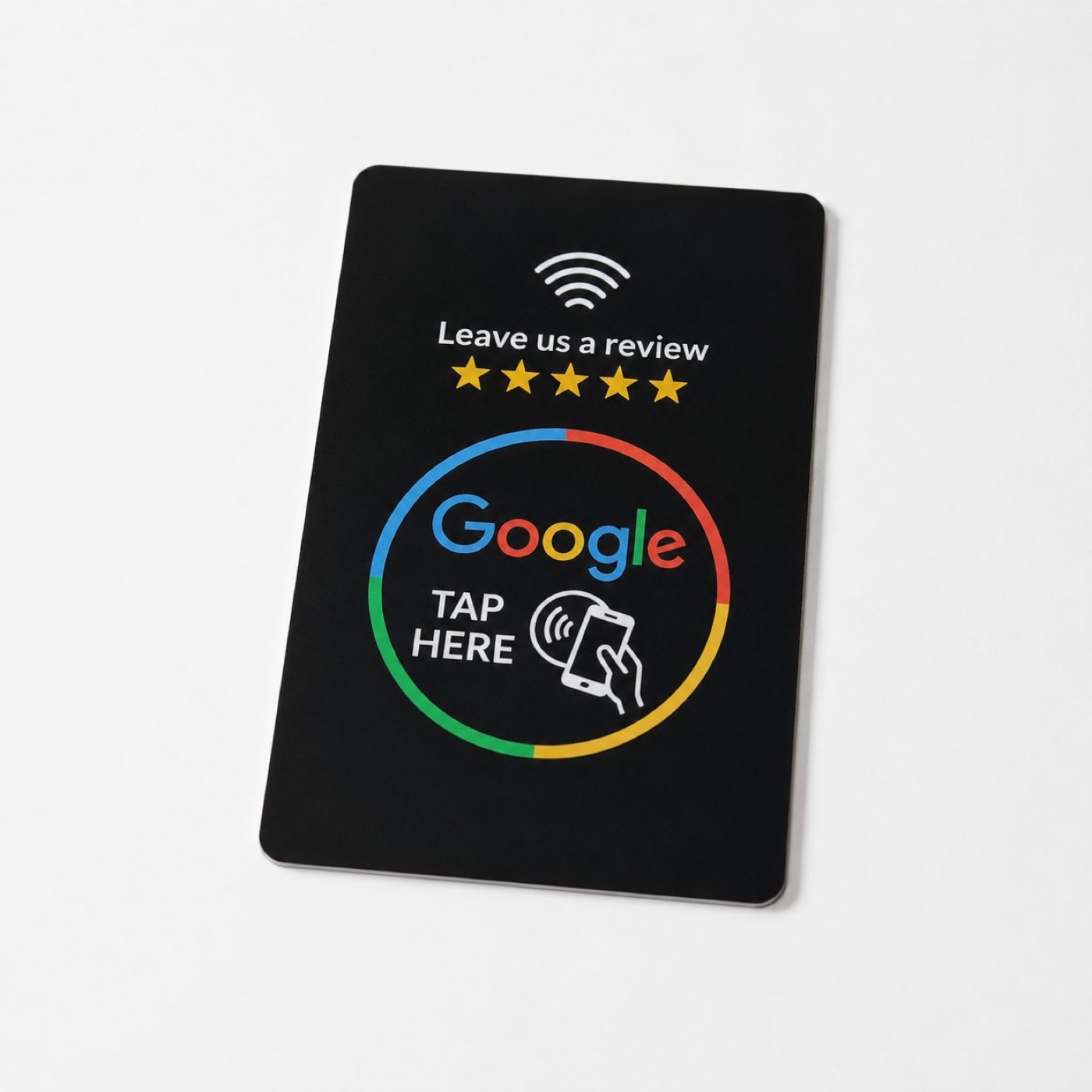 Black NFC Google review card, front view on white