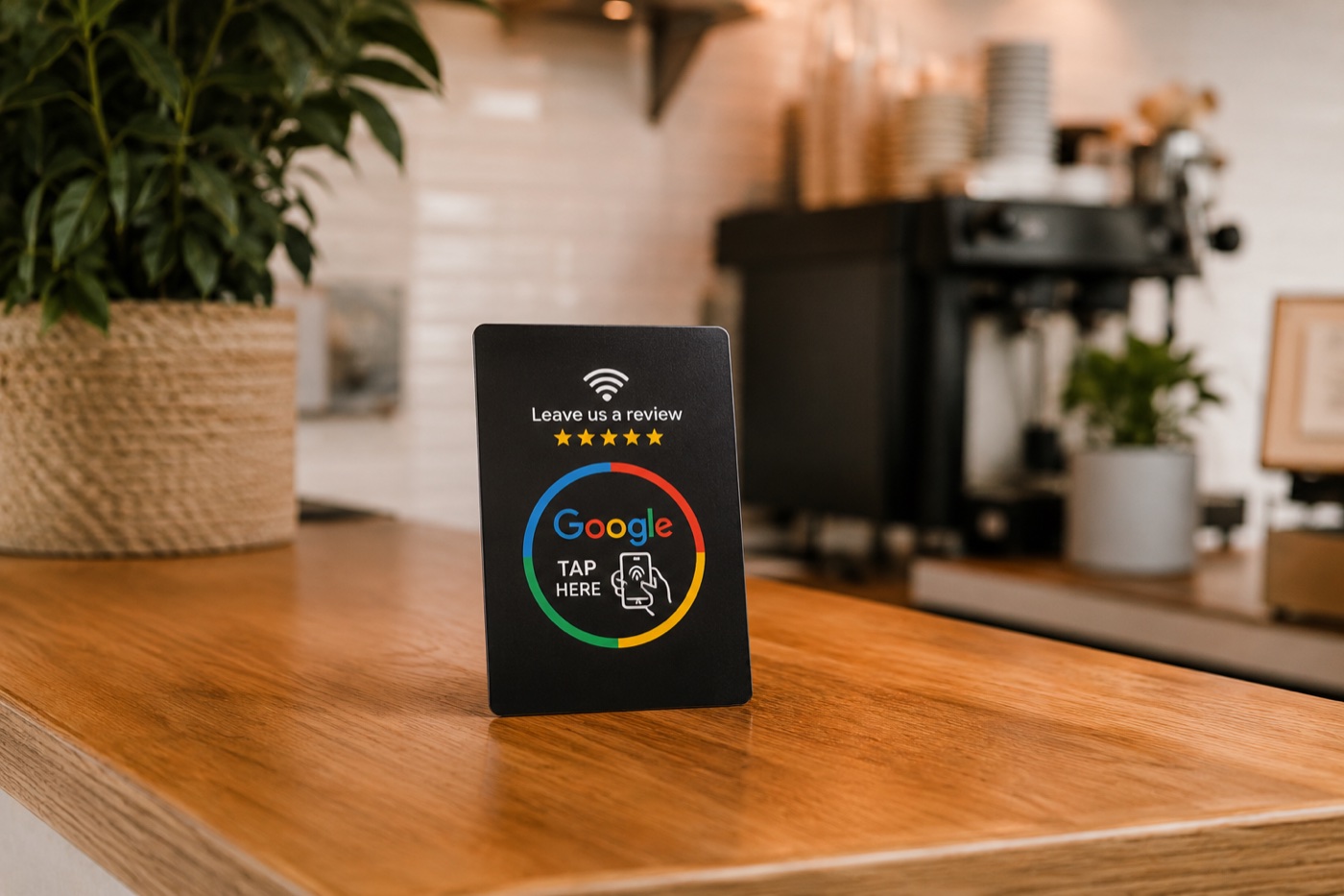 A black NFC Google review card standing on a wooden caf&eacute; counter