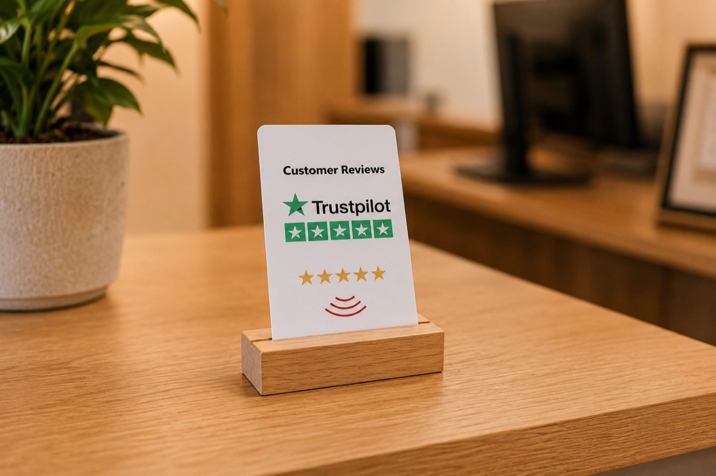 Natural wood display stand holding a review card upright
