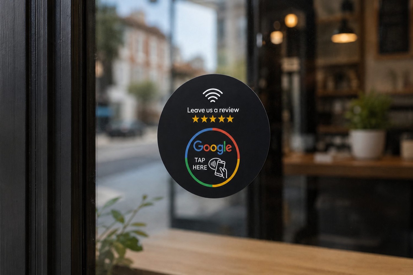 Round black NFC review tag stuck to a shopfront window